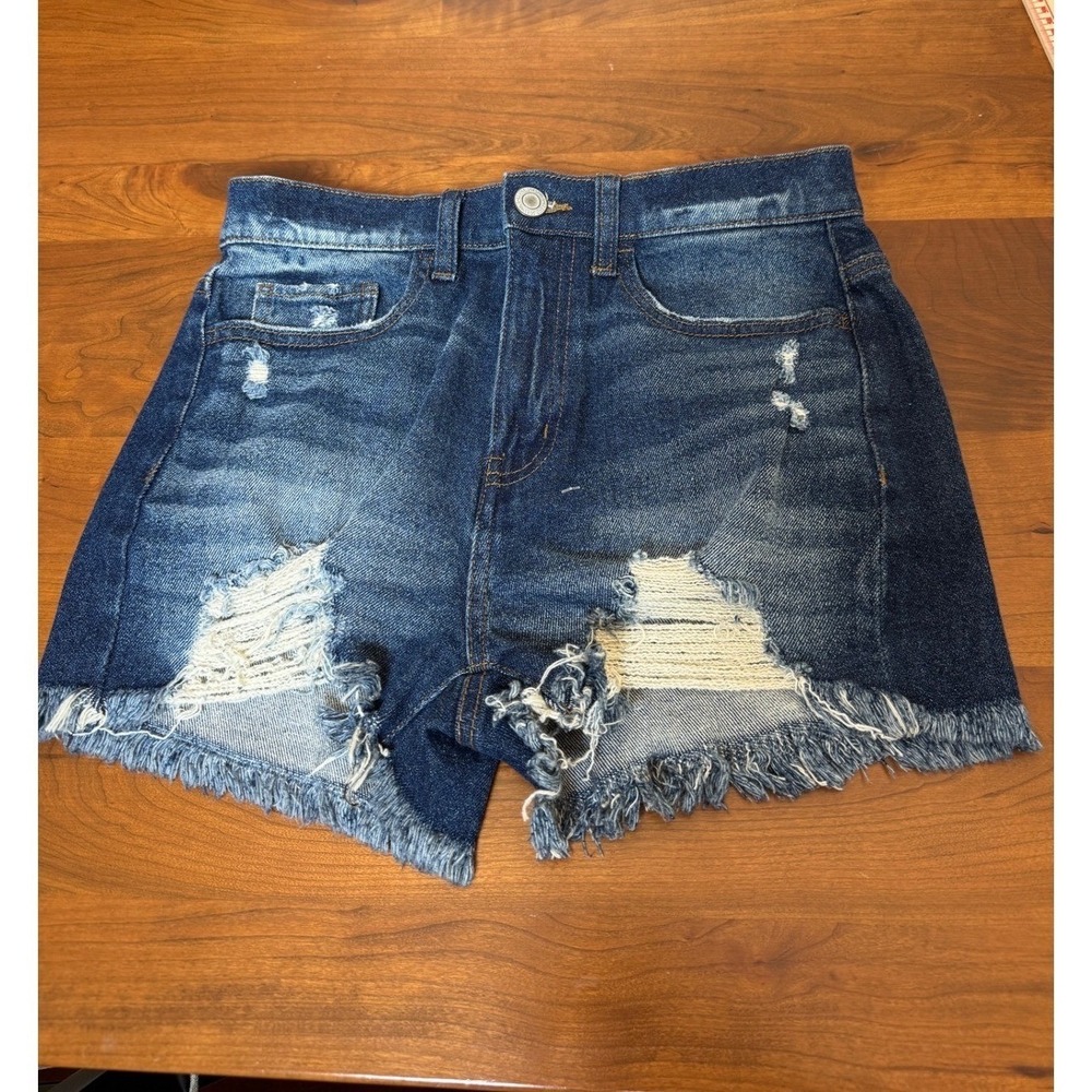 SO High Rise Vintage Stretch Mom Jorts Distressed Dark Wash Denim Size 5